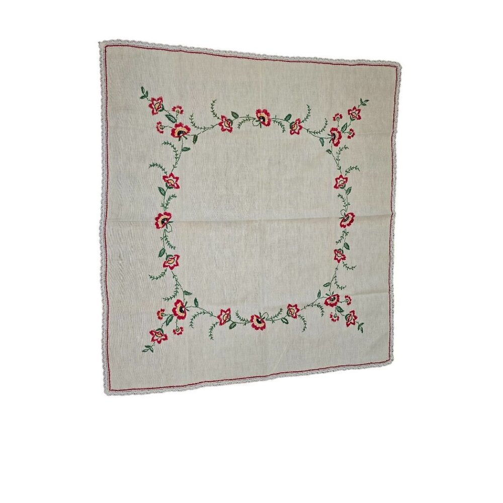 Vintage Hand-Embroidered‎ Small Linen Tablecloth With Floral Design & Lace Trim